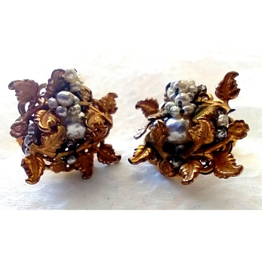 Miriam Haskell 1940s Earrings Faux Pearl Gold Tone Leaves Clip Screwback Signed